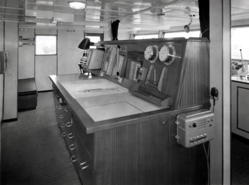 Black And White Photograph of the chart table, bridge on the Chemical Tanker Silverharrier