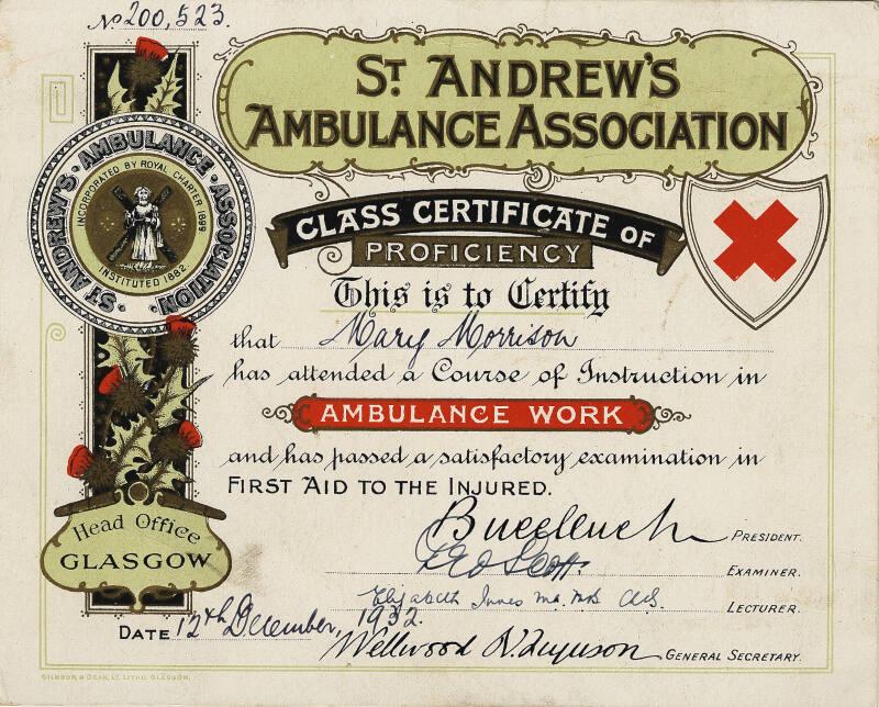 St Andrew's Ambulance Association Class Certificate of Proficiency