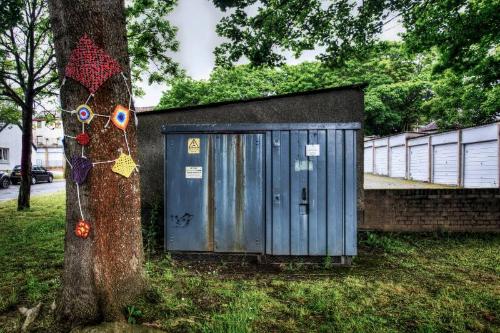 Digital photograph of Colourful knitting around a tree