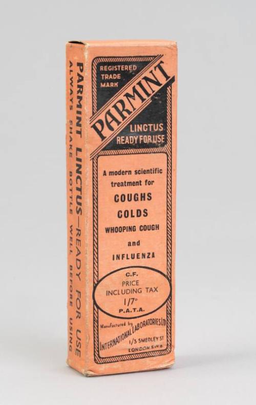 Bottle of Parmint Linctus: For Coughs, Colds, Whooping Cough & Influenza