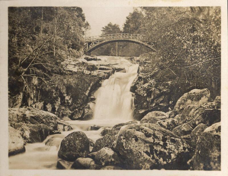 Black and white photograph Showing Falls of Garrawalt, Braemar