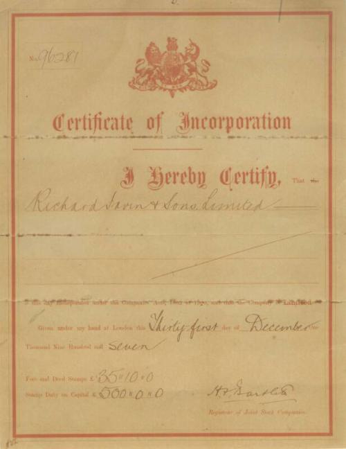 Certificate of Incorporation Richard Irvin and Sons