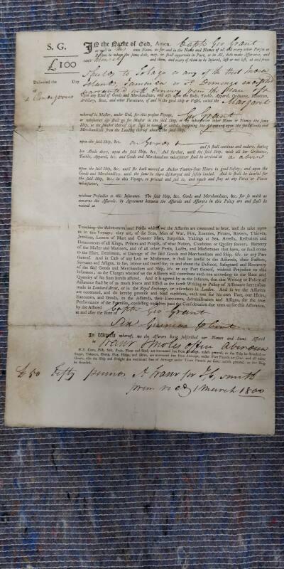 insurance certificate signed by captain g grant, march 1800 for vessel 'margaret' on voyage to west indies