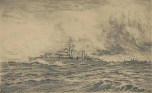 HMS Scylla Escorting Convoy in World War Two; Print By C. H. Baslett