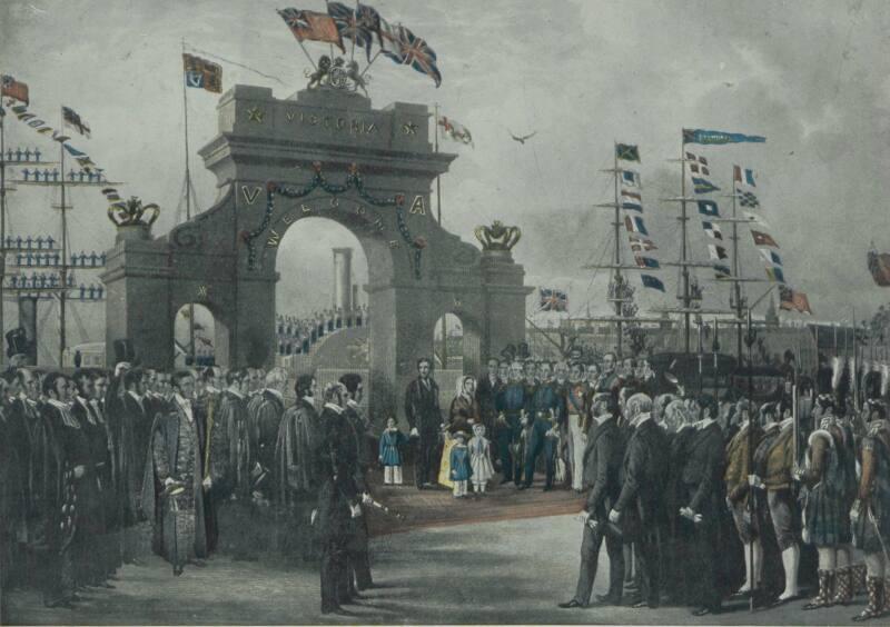 Coloured engraving showing Queen Victoria's arrival at Aberdeen Harbour by royal yacht, 1848