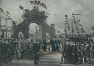 Coloured engraving showing Queen Victoria's arrival at Aberdeen Harbour by royal yacht, 1848