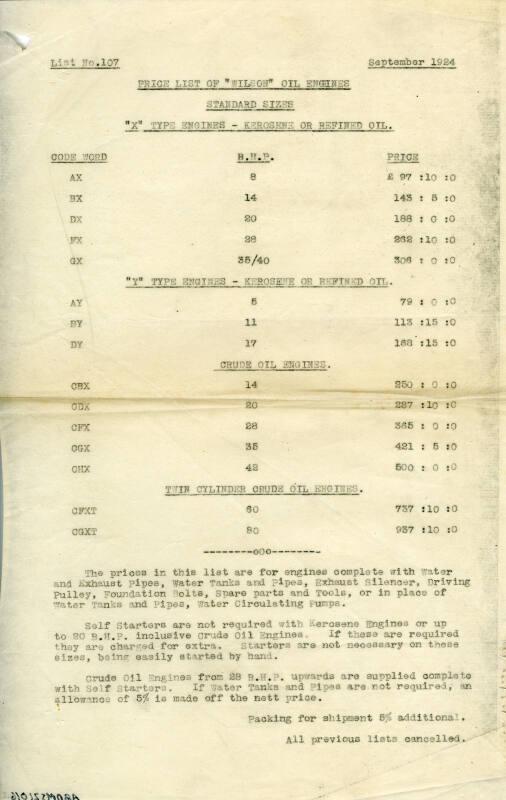 Price List 107 for Wilson Oil Engines