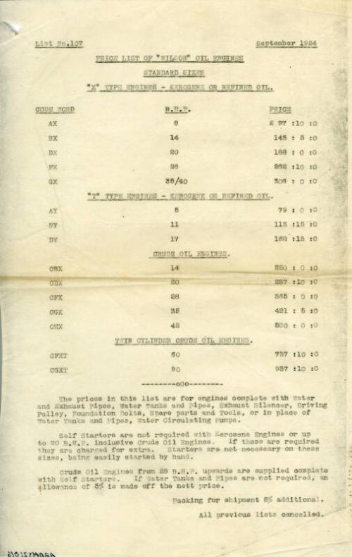 Price List 107 for Wilson Oil Engines