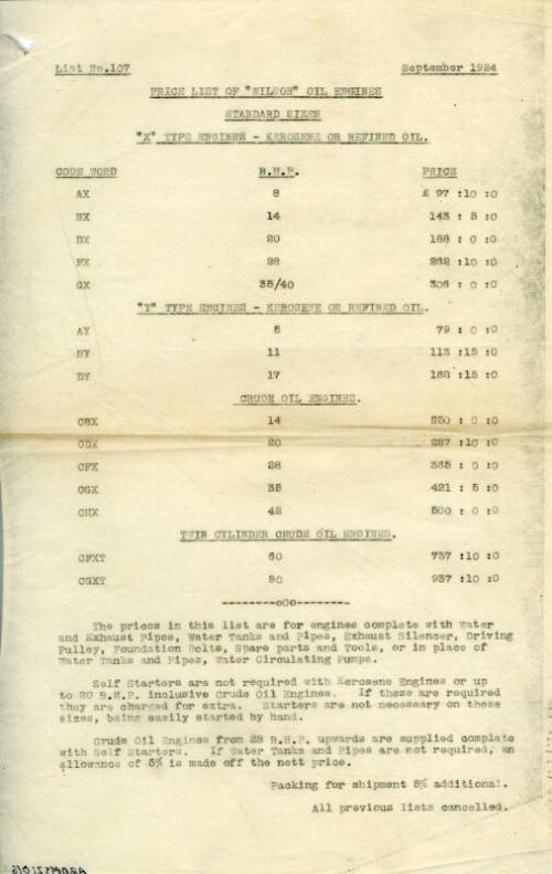 Price List 107 for Wilson Oil Engines