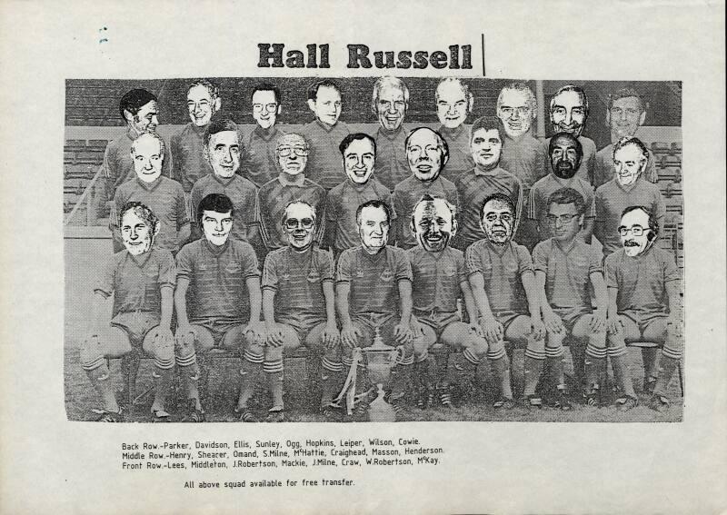Joke newspaper cutting from Hall Russell shipyard with photos of staff as football squad 'All above squad available for free transfer'