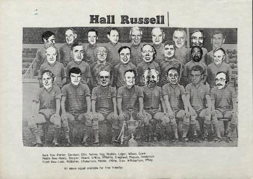 Joke newspaper cutting from Hall Russell shipyard with photos of staff as football squad 'All above squad available for free transfer'