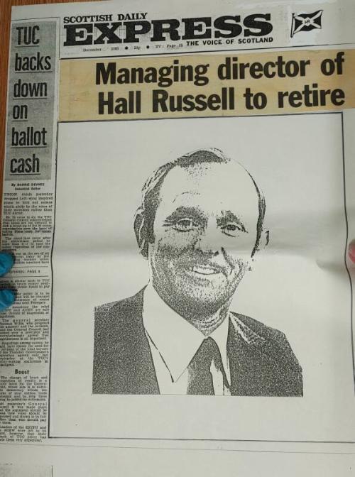 Joke newspaper cutting from Hall Russell shipyard with photos of staff: Jimmy Milne 'Managing director of Hall Russell to retire'