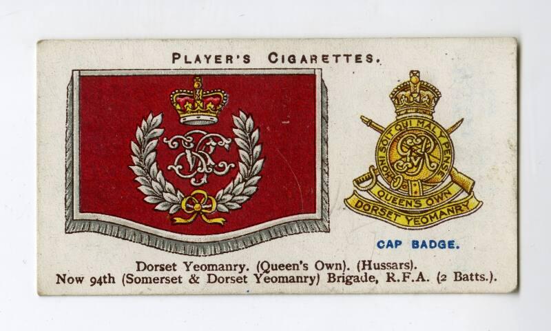 Player's Cigarettes Card, Drum Banners & Cap Badges: No.38  Dorset Yeomanry (Queen's Own) (Hussars)