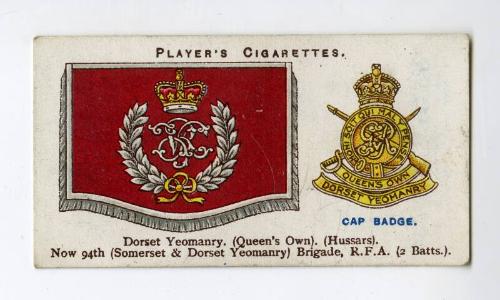Player's Cigarettes Card, Drum Banners & Cap Badges: No.38  Dorset Yeomanry (Queen's Own) (Hussars)
