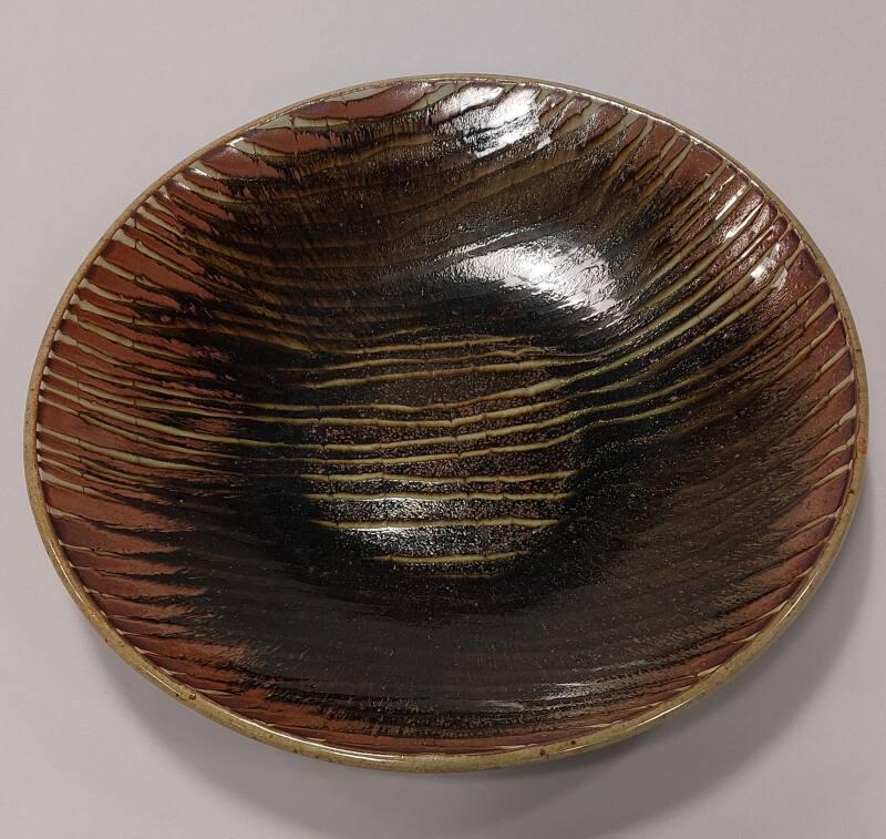 Pressed Large Circular Stoneware Charger with Slip-trailed Stripes