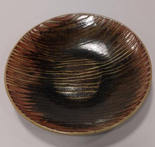 Pressed Large Circular Stoneware Charger with Slip-trailed Stripes