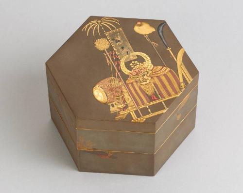 Brown Lacquer Three-Tiered Box with Inlaid Japanese Weaponry