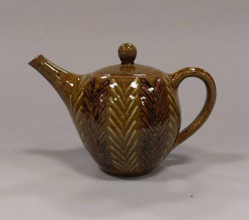 Ovoid Teapot with Herringbone Pattern over Green Ash Glaze