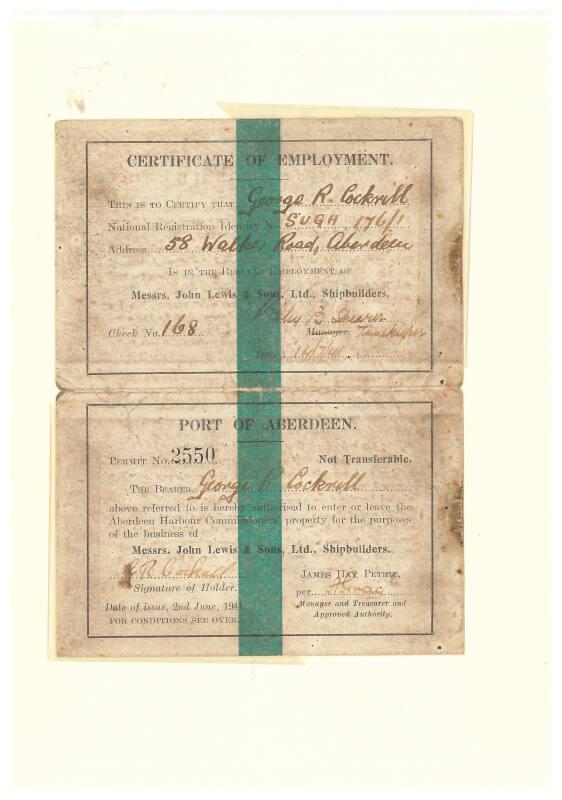 Permit to enter Aberdeen Harbour for George Cockrill, an employee at the Lewis shipyard