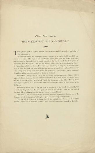 Plans of Local Architectural Features - South Transept, Elgin Cathedral (printed page) plates nos. 1 & 2.