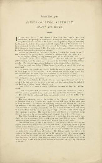 Plans of Local Architectural Features - King's College, Aberdeen chapel and tower (printed page) plates nos. 4 - 9.