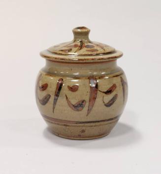Beige Lidded Pot with Red and Black Slip Trailed Decoration