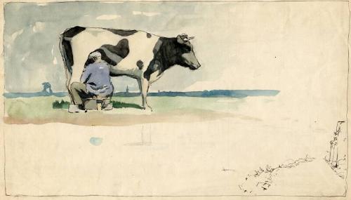 Man Milking Cow in Field by James McBey