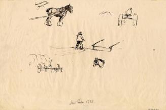 Sketch of Horses, Men and Tractor by James McBey