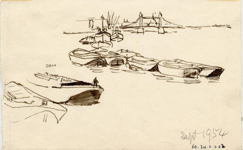 Tower Bridge with Barges in Foreground by James McBey