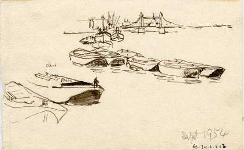 Tower Bridge with Barges in Foreground by James McBey