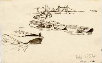 Tower Bridge with Barges in Foreground by James McBey