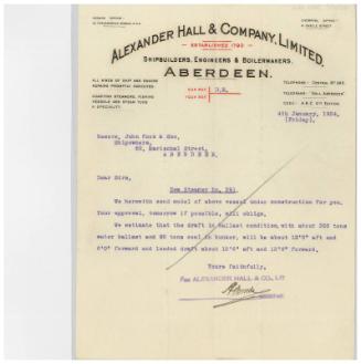 The John Cook Papers: letter relating to the building of the cargo steamer Glen Derry