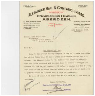 The John Cook Papers: letter relating to the building of the cargo steamer Glen Derry