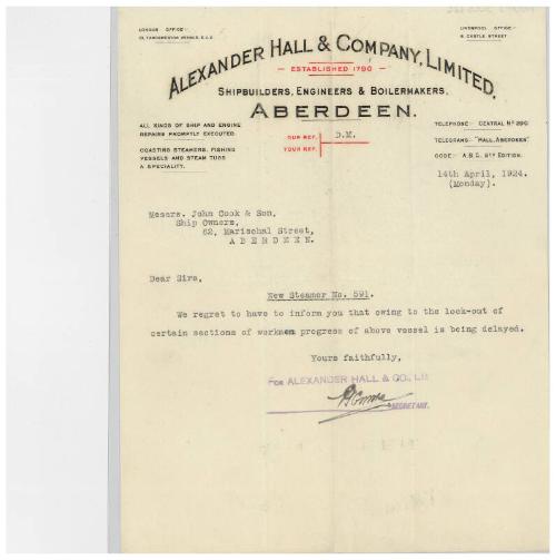 The John Cook Papers: letter relating to the building of the cargo steamer Glen Derry