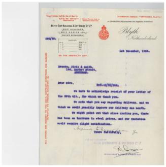 The John Cook Papers: letter relating to tender for building a cargo steamer, supplied by Blyth Ship Building & Dry Docks Co