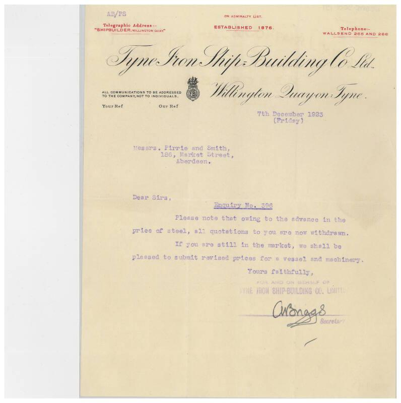 The John Cook Papers: withdrawal of tender for cost of building a cargo steamer, supplied by the Tyne Iron Shipbuilding Co. Ltd
