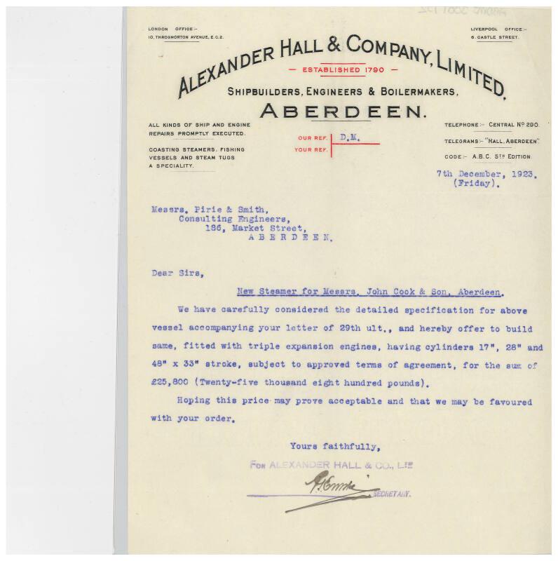 The John Cook Papers: tender for cost of building a cargo steamer, supplied by Alexander Hall