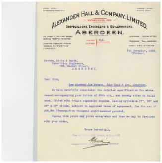 The John Cook Papers: tender for cost of building a cargo steamer, supplied by Alexander Hall
