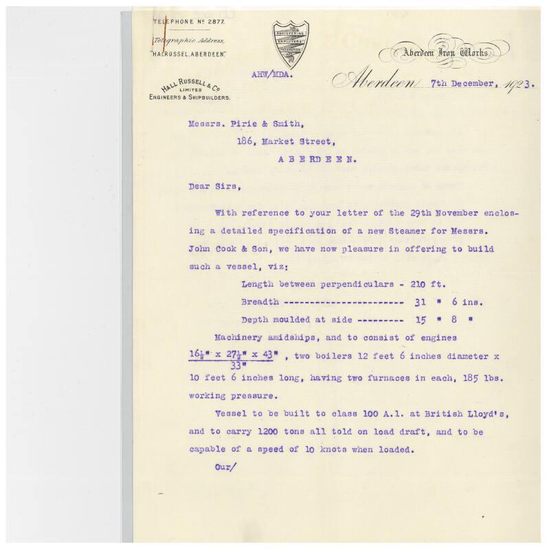The John Cook Papers: tender for cost of building a cargo steamer, supplied by Hall Russell