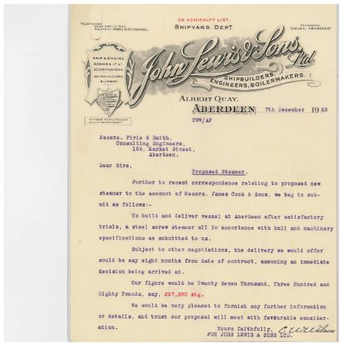 The John Cook Papers: tender for cost of building a cargo steamer, supplied by John Lewis