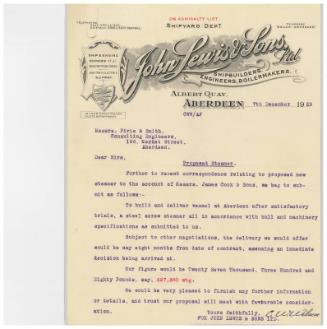 The John Cook Papers: tender for cost of building a cargo steamer, supplied by John Lewis