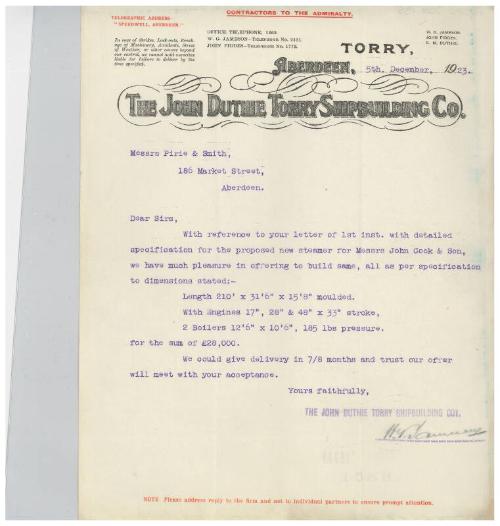 The John Cook Papers: tender for cost of building a cargo steamer, supplied by John Duthie Torry