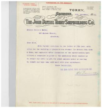 The John Cook Papers: alteration to tender for cost of building a cargo steamer, supplied by John Duthie Torry