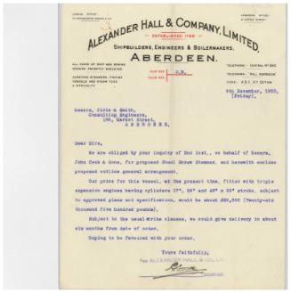 The John Cook Papers: tender for cost of building a cargo steamer, supplied by Alexander Hall