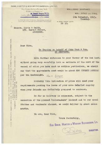 The John Cook Papers: tender for cost of building a cargo steamer, supplied by Swan, Hunter of Wallsend