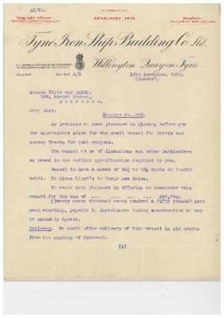 The John Cook Papers: tender for cost of building a cargo steamer, supplied by Tyne Iron Shipbuilding Co.