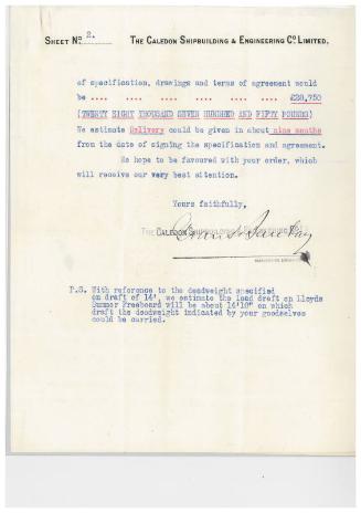 The John Cook Papers: tender for cost of building a cargo steamer, supplied by Caledon of Dundee