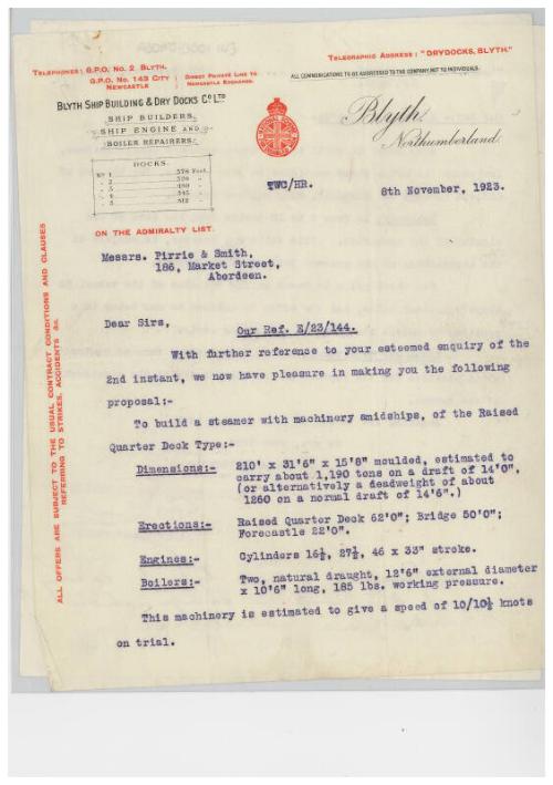 The John Cook Papers: tender for cost of building a cargo steamer, supplied by the Blyth Shipbuilding and Dry Docks Co Ltd