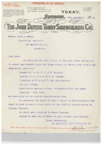 The John Cook Papers: tender for cost of building a cargo steamer, supplied by John Duthie Torry