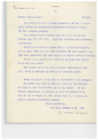 The John Cook Papers: tender for cost of building a cargo steamer, supplied by Hall Russell